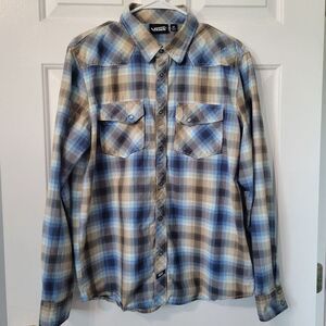 Vans Off The Wall Men's Medium Blue Plaid Pearl Snap Button Up Long Sleeve Shirt
